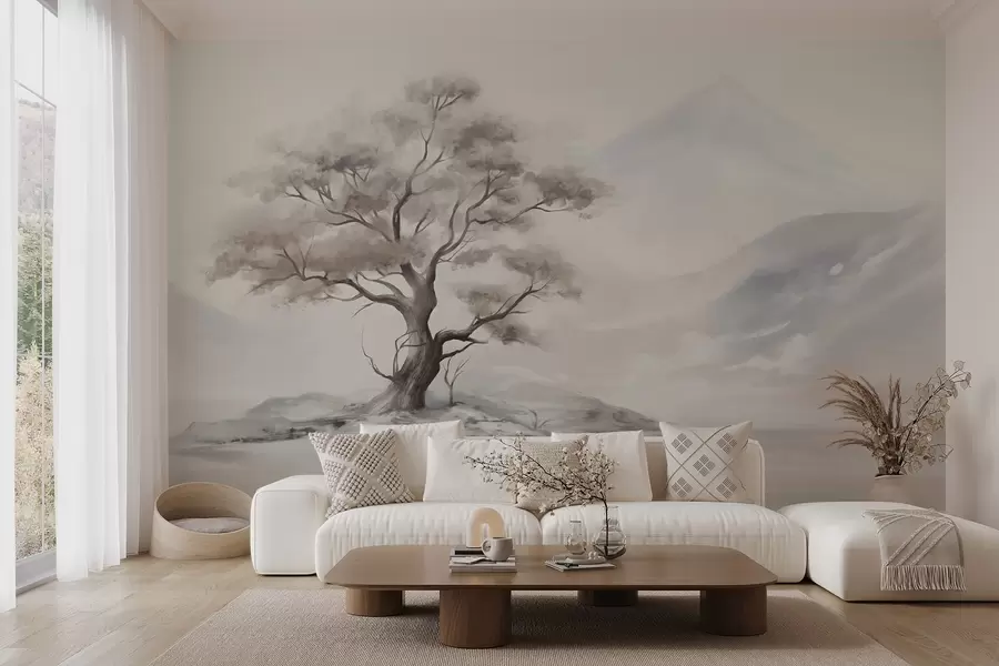 murais de parede Um desenho minimalista de uma árvore solitária e retorcida em uma paisagem desolada e rochosa com montanhas ao fundo  w08604
