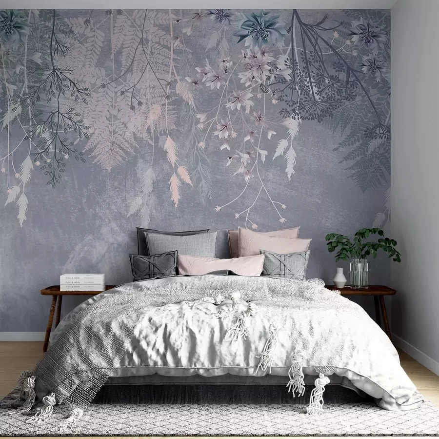 murais de parede Plantas, espiguetas e flores sonhadoras, delicadas e finas em tons pastéis de azul em um fundo nebuloso e texturizado w08606