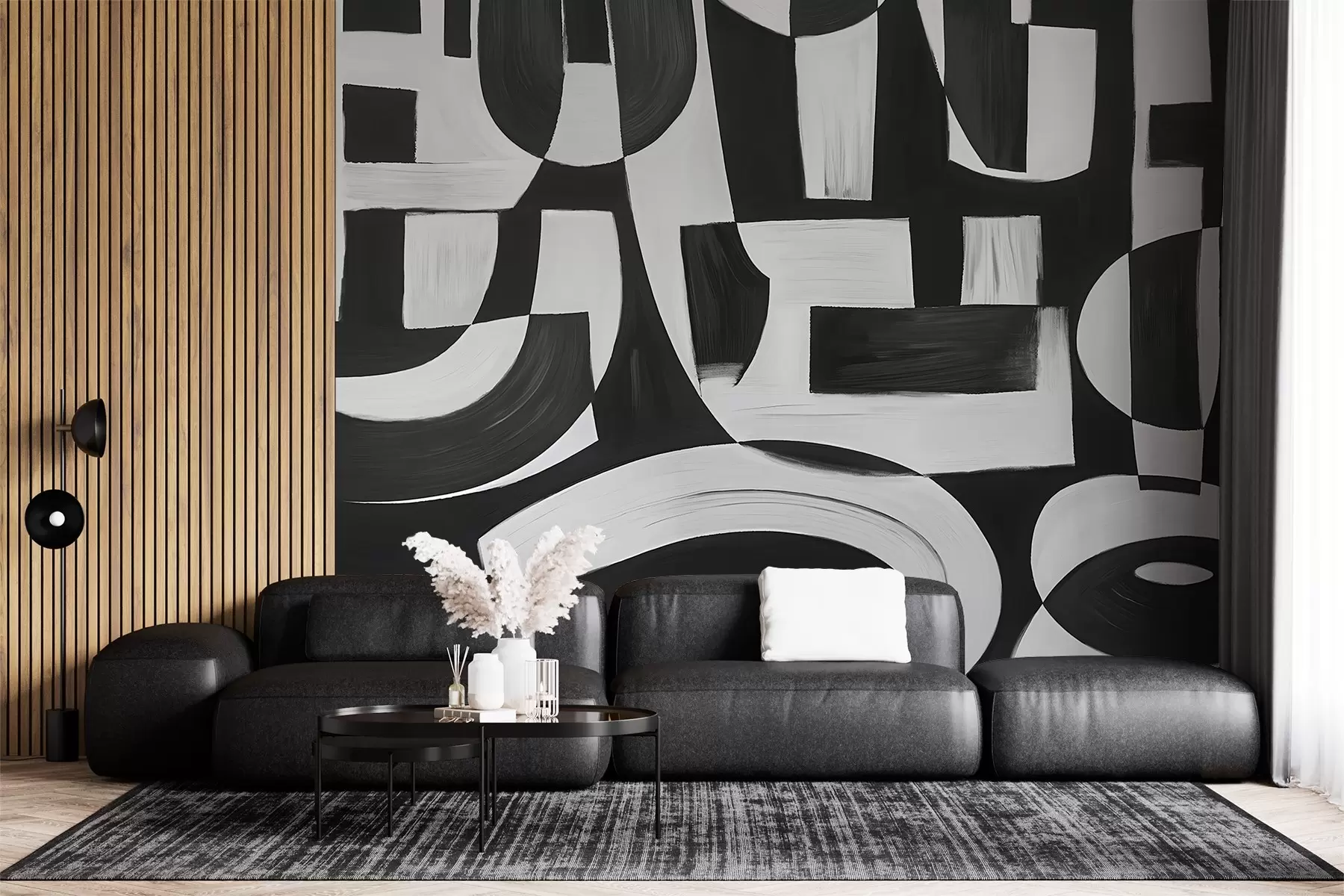 murais de parede Formas e padrões geométricos abstratos em preto e branco, criando uma composição visualmente impressionante e dinâmica w08608