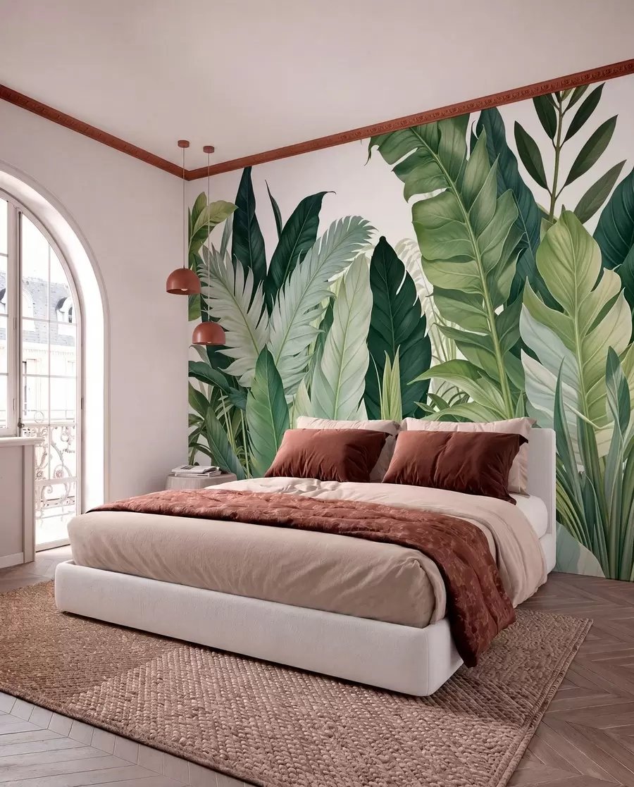 murais de parede Folhagem tropical com várias folhas verdes grandes, incluindo folhas de bananeira, folhas de palmeira e outras espécies de plantas exóticas w08609