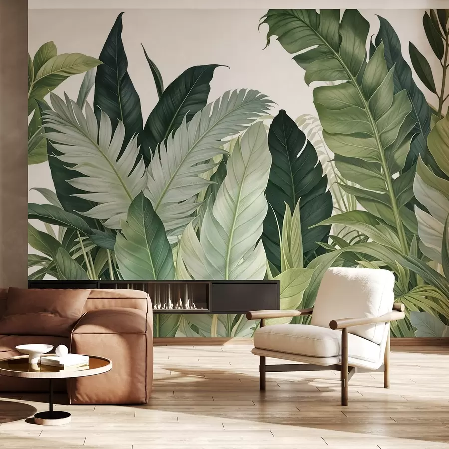 murais de parede Folhagem tropical com várias folhas verdes grandes, incluindo folhas de bananeira, folhas de palmeira e outras espécies de plantas exóticas w08609