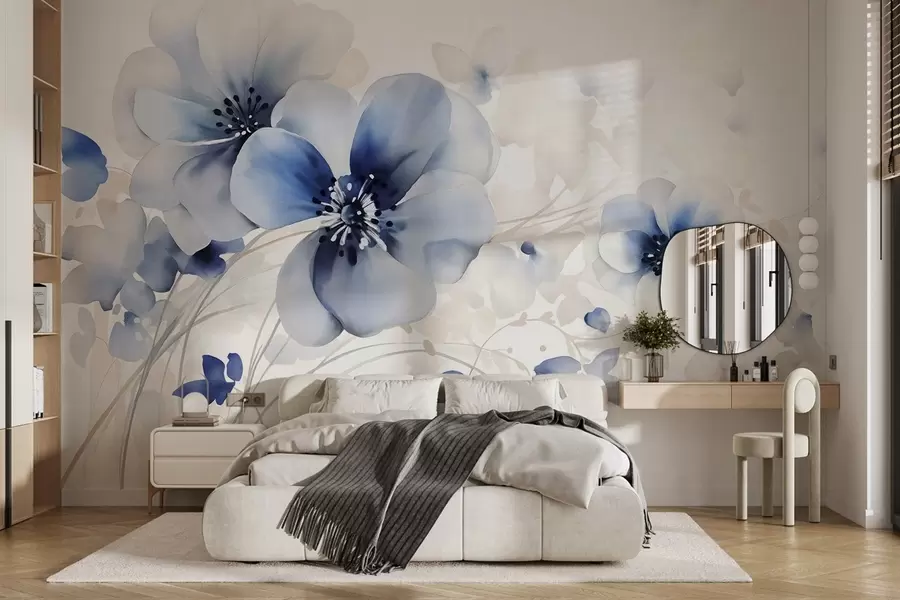 murais de parede Delicadas flores azuis e brancas em forma de aquarela com pétalas suaves e fundo desfocado w08610