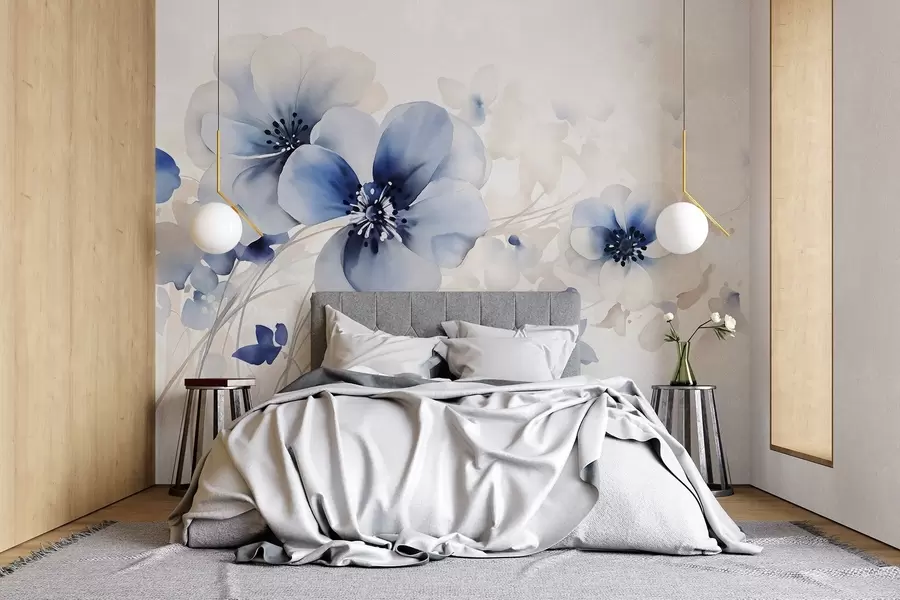 murais de parede Delicadas flores azuis e brancas em forma de aquarela com pétalas suaves e fundo desfocado w08610
