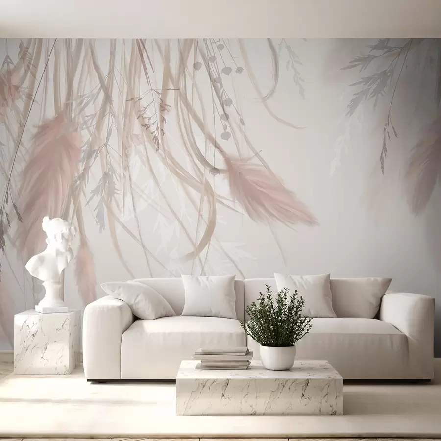 murais de parede Grama dos pampas macia e fina e espiguetas em tons de bege e rosa em um fundo claro w08611