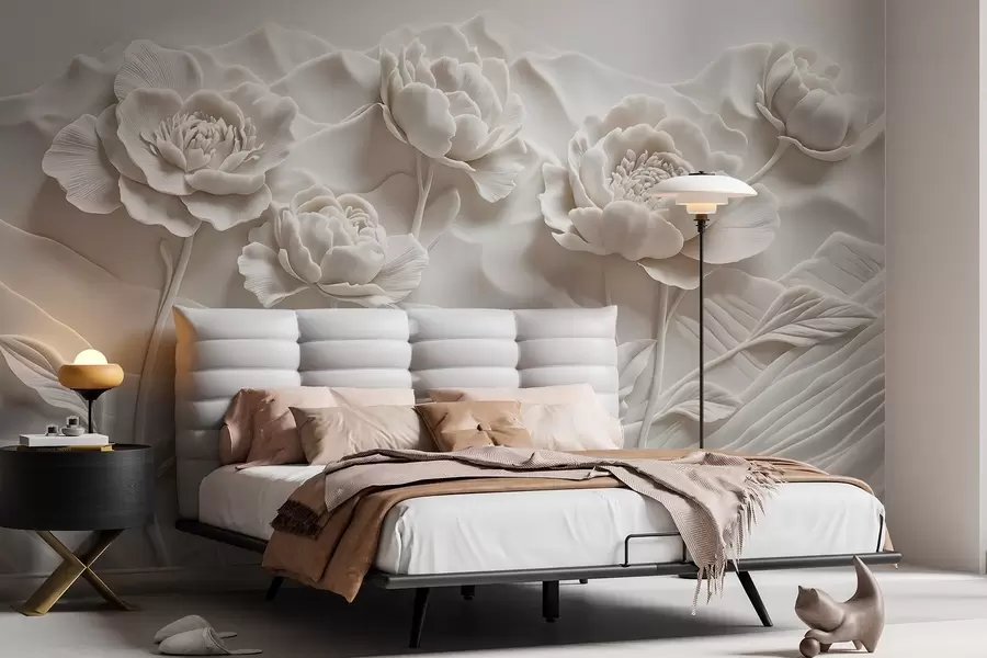 murais de parede Uma imitação floral branca de escultura em relevo com flores de peônia grandes e detalhadas em um fundo liso w08612