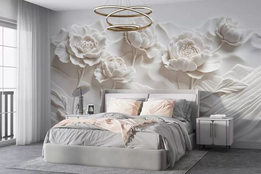 murais de parede Uma imitação floral branca de escultura em relevo com flores de peônia grandes e detalhadas em um fundo liso w08612