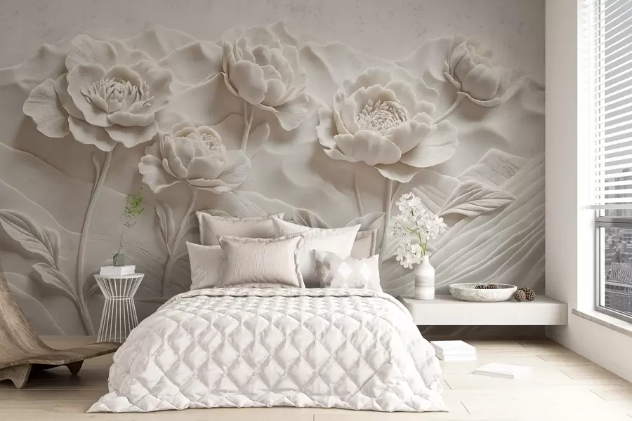 murais de parede Uma imitação floral branca de escultura em relevo com flores de peônia grandes e detalhadas em um fundo liso w08612