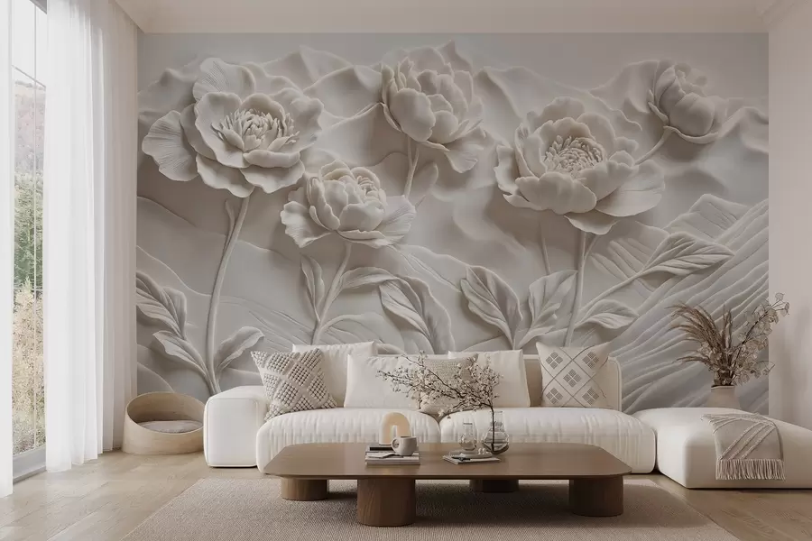 murais de parede Uma imitação floral branca de escultura em relevo com flores de peônia grandes e detalhadas em um fundo liso w08612