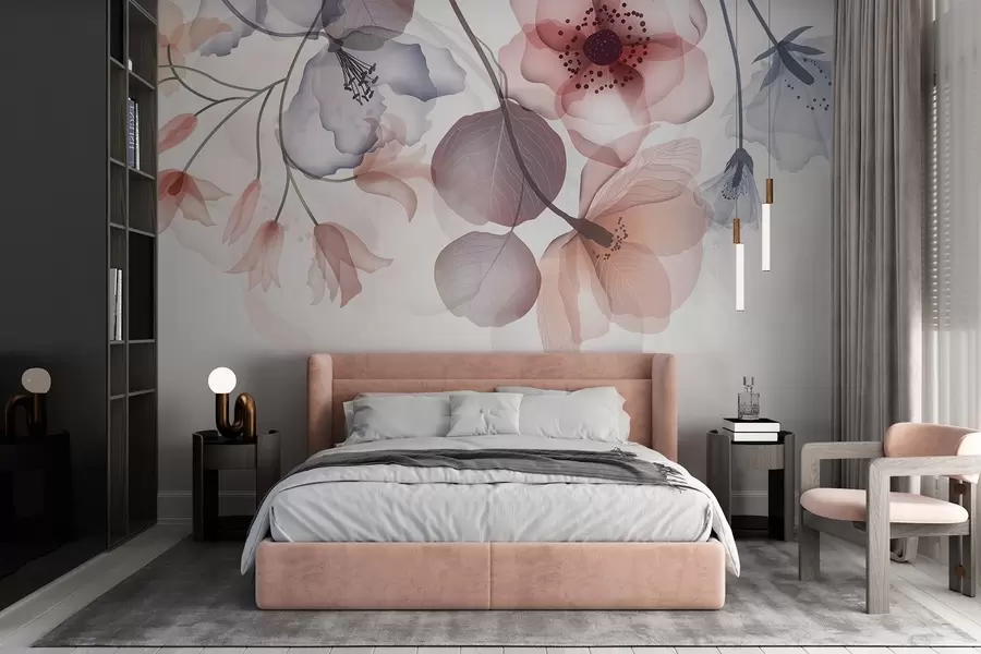 murais de parede Delicadas flores translúcidas rosa e cinza com pétalas suaves e centros escuros, em um fundo claro w08613