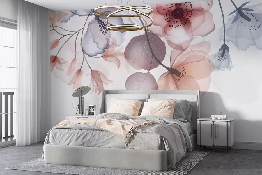 murais de parede Delicadas flores translúcidas rosa e cinza com pétalas suaves e centros escuros, em um fundo claro w08613