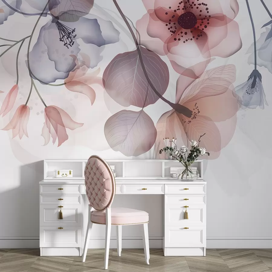 murais de parede Delicadas flores translúcidas rosa e cinza com pétalas suaves e centros escuros, em um fundo claro w08613