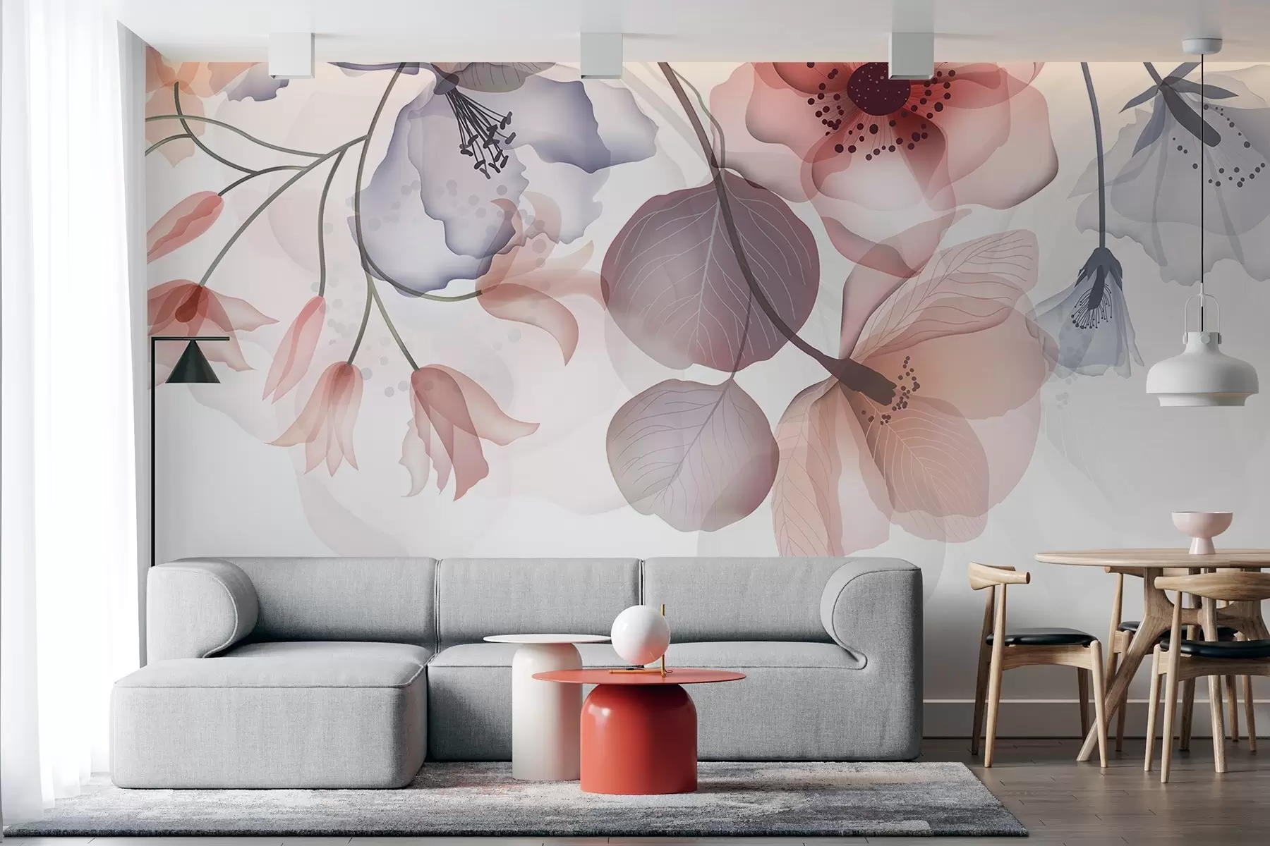 murais de parede Delicadas flores translúcidas rosa e cinza com pétalas suaves e centros escuros, em um fundo claro w08613