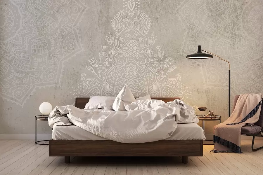 murais de parede Uma detalhada e intrincada estampa de mandala de renda branca em um fundo abstrato texturizado bege claro w08614