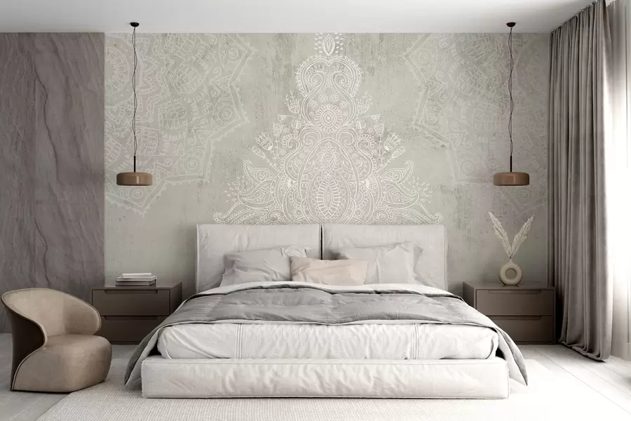 murais de parede Uma detalhada e intrincada estampa de mandala de renda branca em um fundo abstrato texturizado bege claro w08614