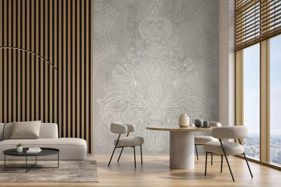 murais de parede Uma detalhada e intrincada estampa de mandala de renda branca em um fundo abstrato texturizado bege claro w08614