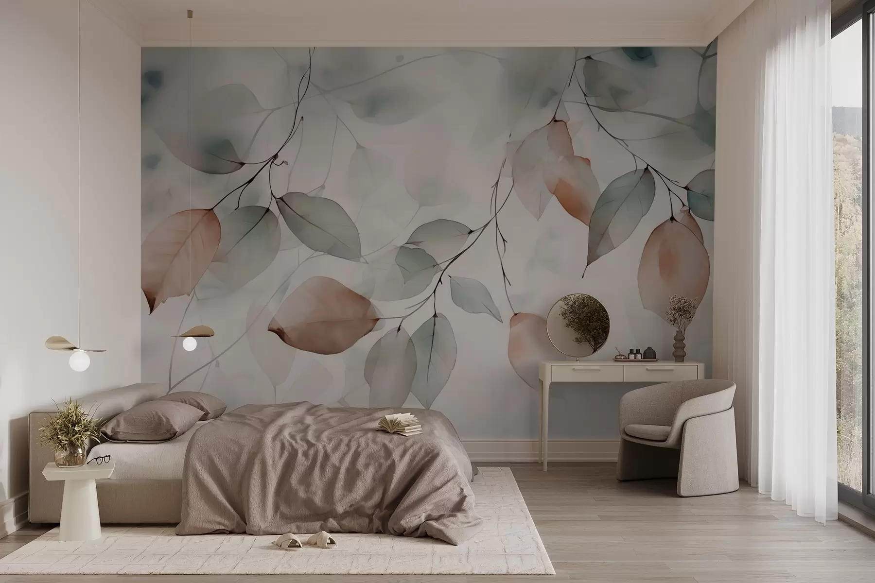 murais de parede Ramos abstratos com folhas em estilo aquarela w02718