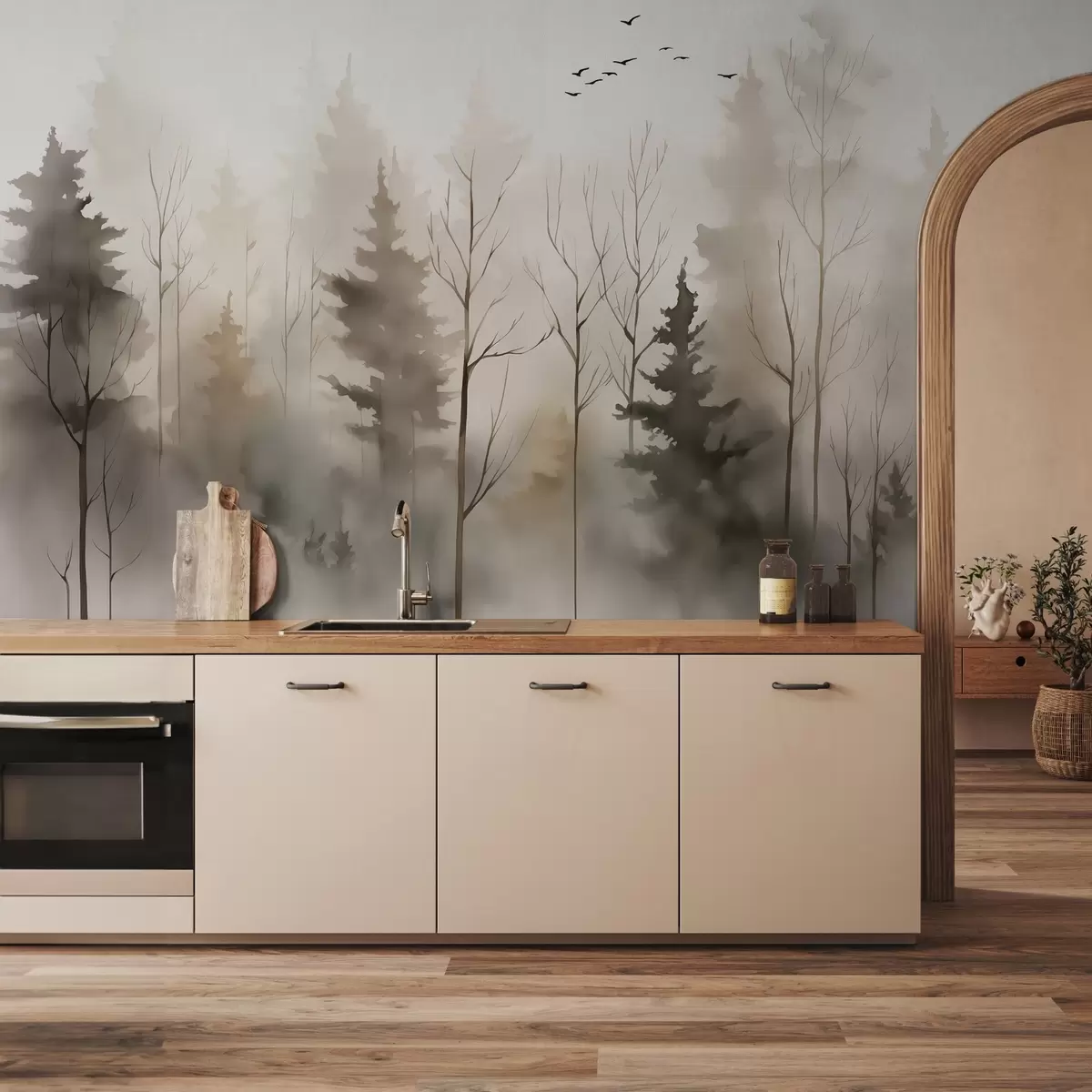 murais de parede Silhuetas de abetos e árvores imitação de aquarela úmida w02721