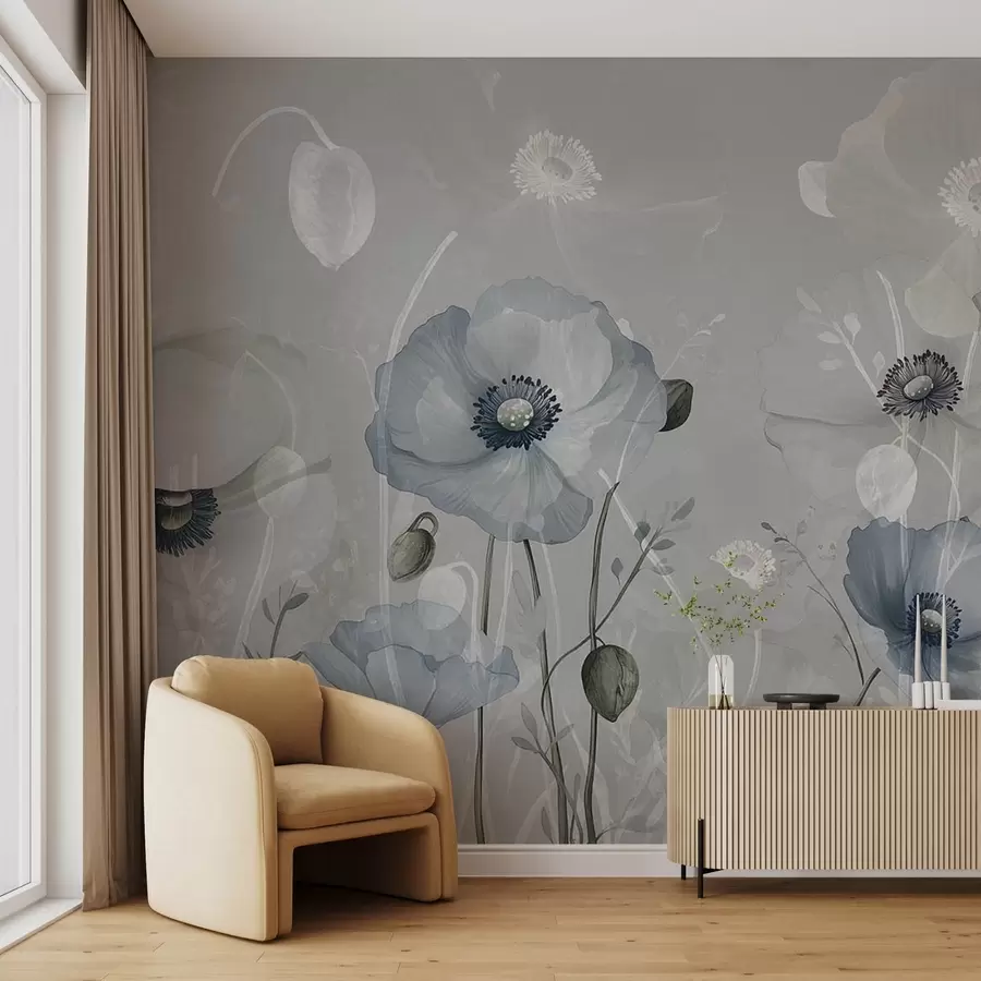 murais de parede Grandes papoulas azuis em um fundo de aquarela cinza w08626