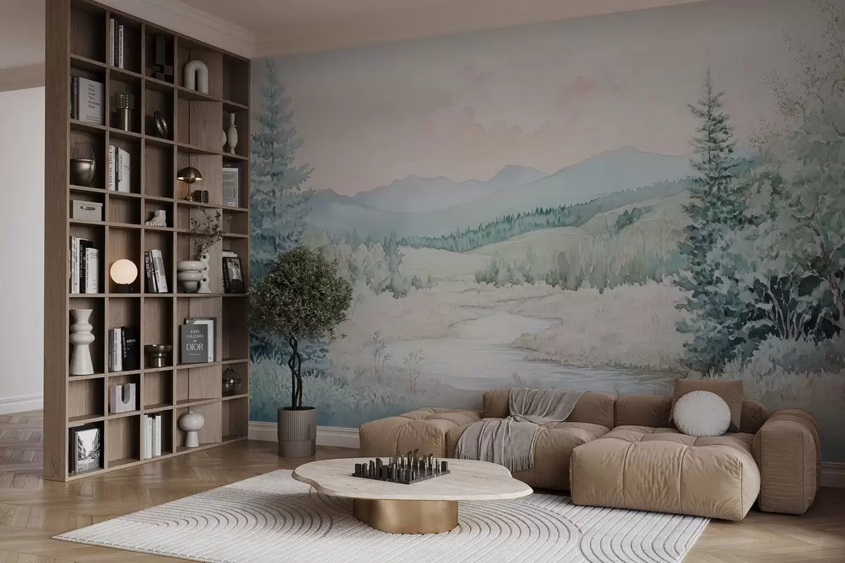 murais de parede paisagem em estilo aquarela com abetos w02689