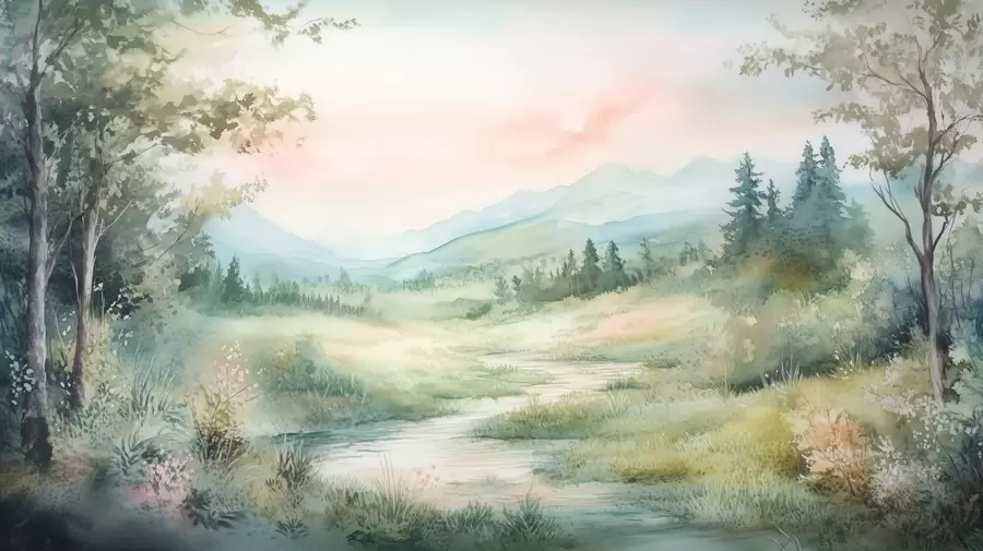 murais de parede paisagem em aquarela com um caminho e montanhas w02764
