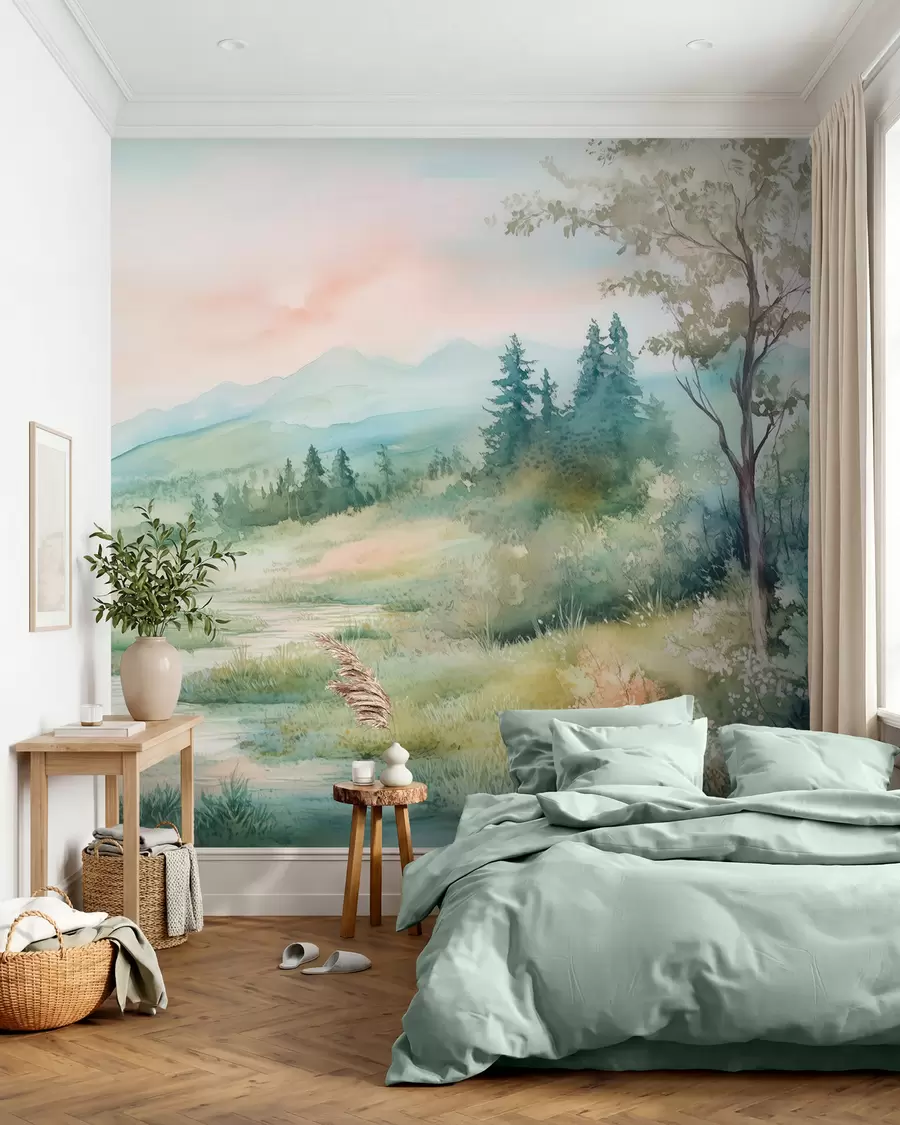 murais de parede paisagem em aquarela com um caminho e montanhas w02764