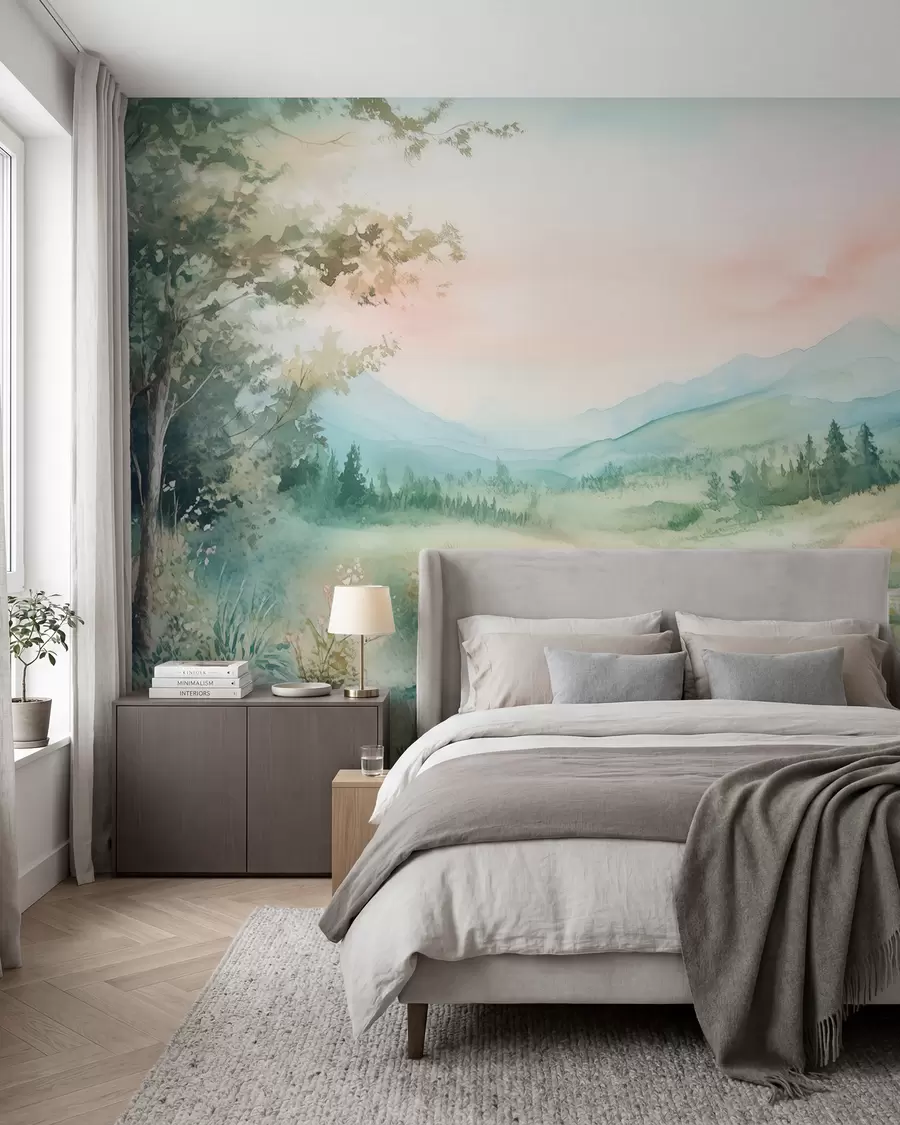 murais de parede paisagem em aquarela com um caminho e montanhas w02764