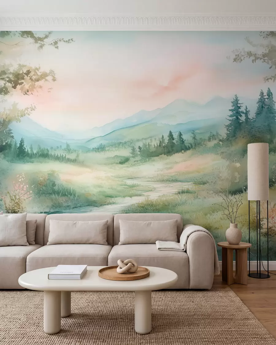 murais de parede paisagem em aquarela com um caminho e montanhas w02764