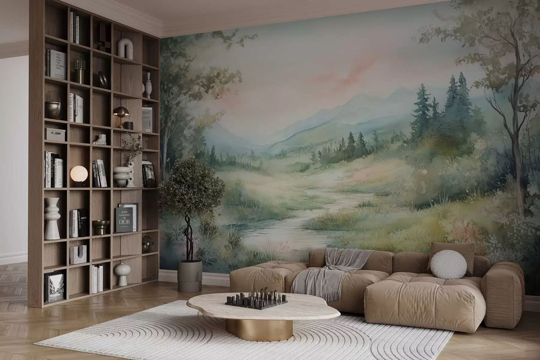 murais de parede paisagem em aquarela com um caminho e montanhas w02764