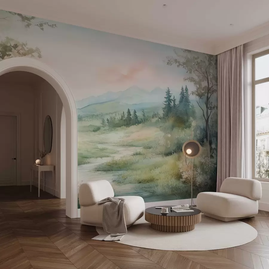 murais de parede paisagem em aquarela com um caminho e montanhas w02764