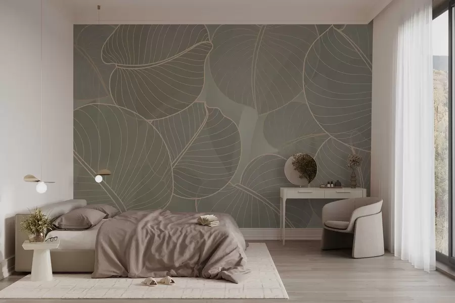 murais de parede folhagem linear do lírio de agosto em tons de bege w02768