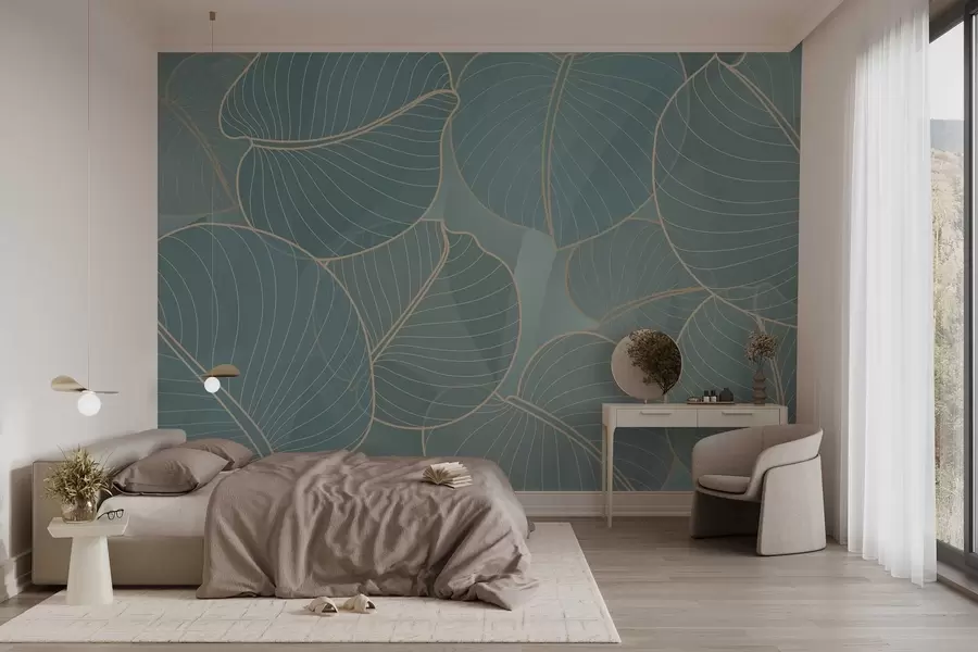 murais de parede folhagem linear do lírio de agosto em tons de turquesa w02768v1