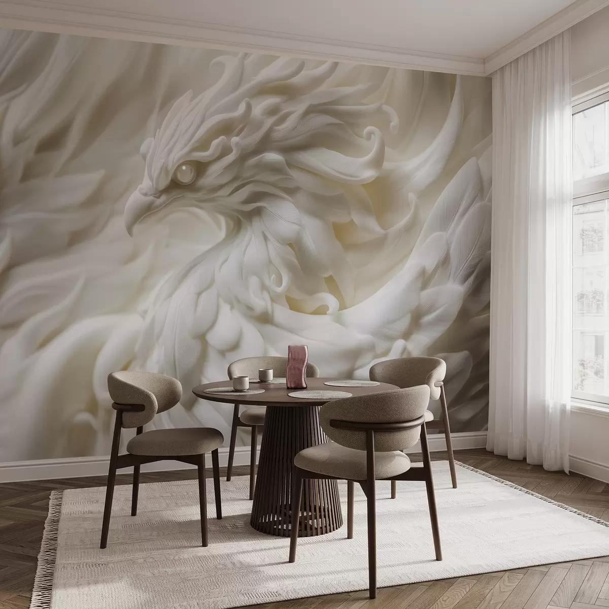 murais de parede Um pássaro com penas longas em estilo estuque em tons de bege w08629