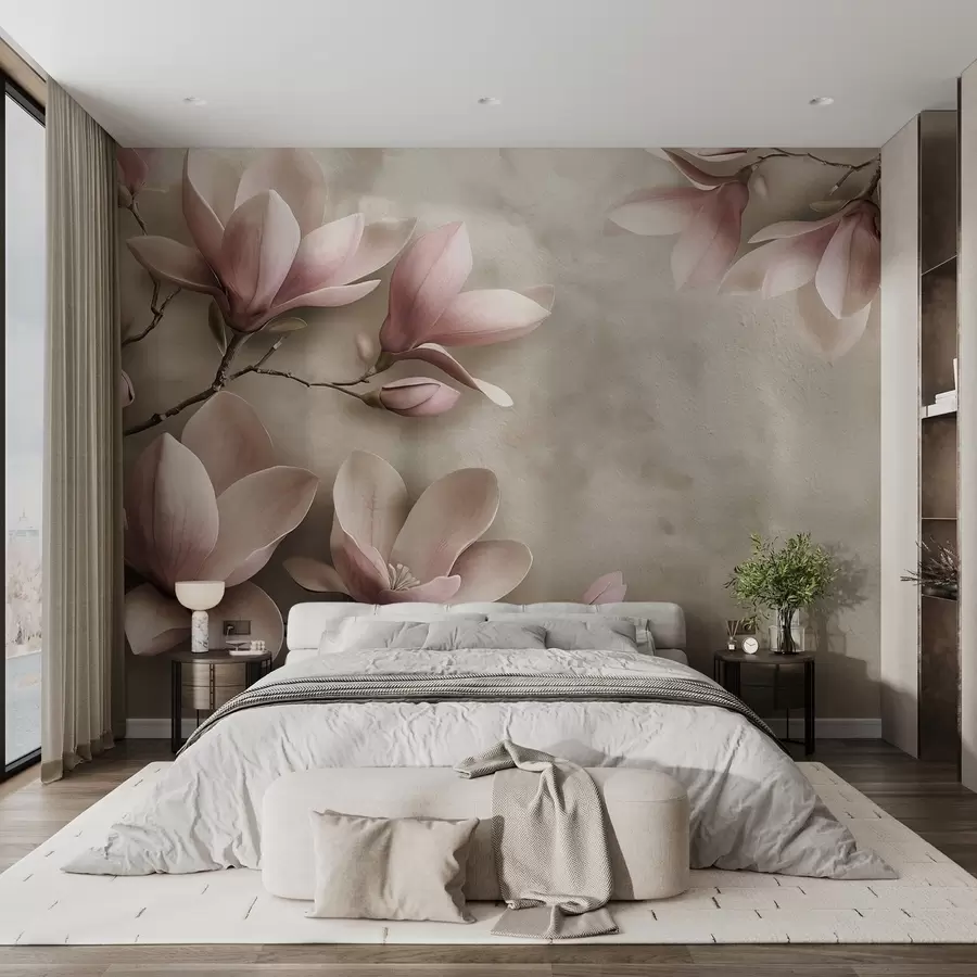 murais de parede Delicadas magnólias cor-de-rosa em uma parede de concreto em tons de sépia w08636v2