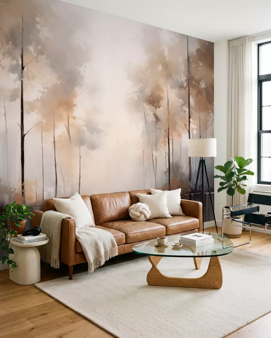 murais de parede Floresta com neblina perto da lagoa w02758