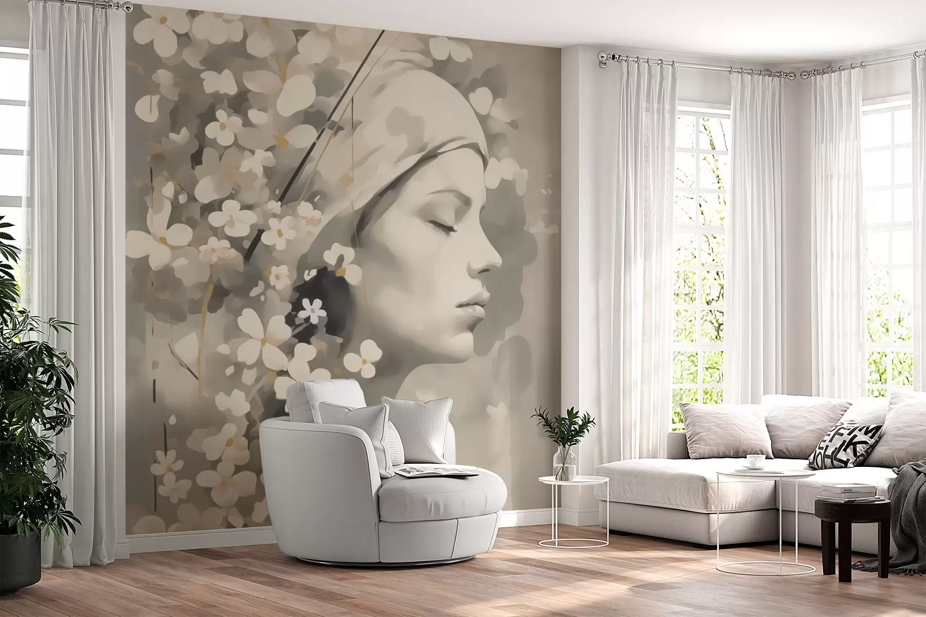 murais de parede Retrato abstrato de uma garota com flores w02793