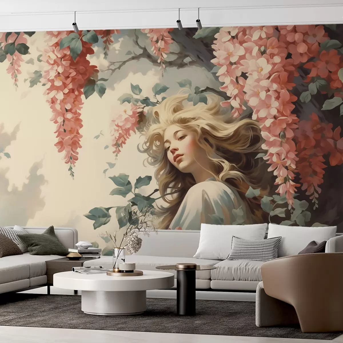 murais de parede Retrato abstrato de uma garota sob uma árvore com flores w02795