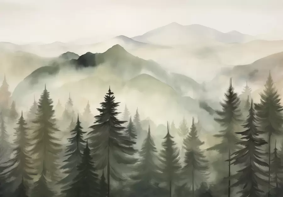 murais de parede Paisagem montanhosa com uma floresta de pinheiros e montanhas em camadas durante o amanhecer com arte de imitação de aquarela de neblina leve  w08639