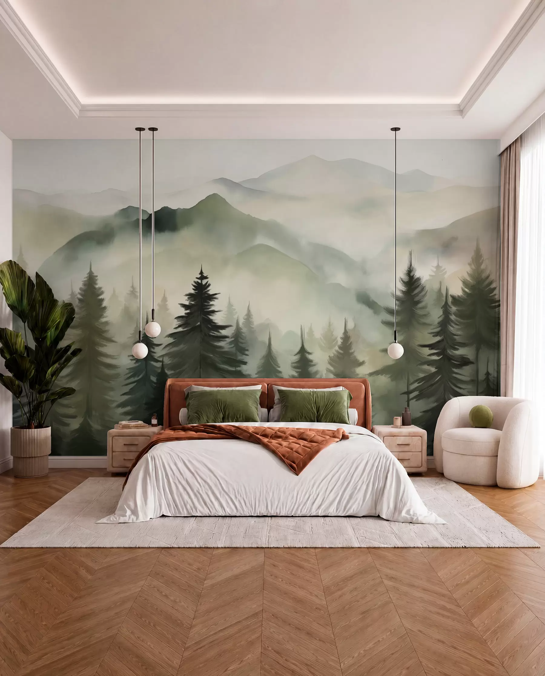 murais de parede Paisagem montanhosa com uma floresta de pinheiros e montanhas em camadas durante o amanhecer com arte de imitação de aquarela de neblina leve  w08639