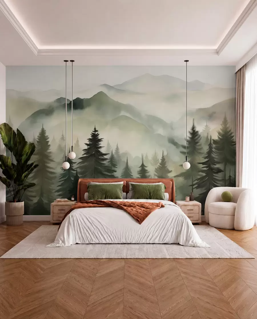 murais de parede Paisagem montanhosa com uma floresta de pinheiros e montanhas em camadas durante o amanhecer com arte de imitação de aquarela de neblina leve  w08639