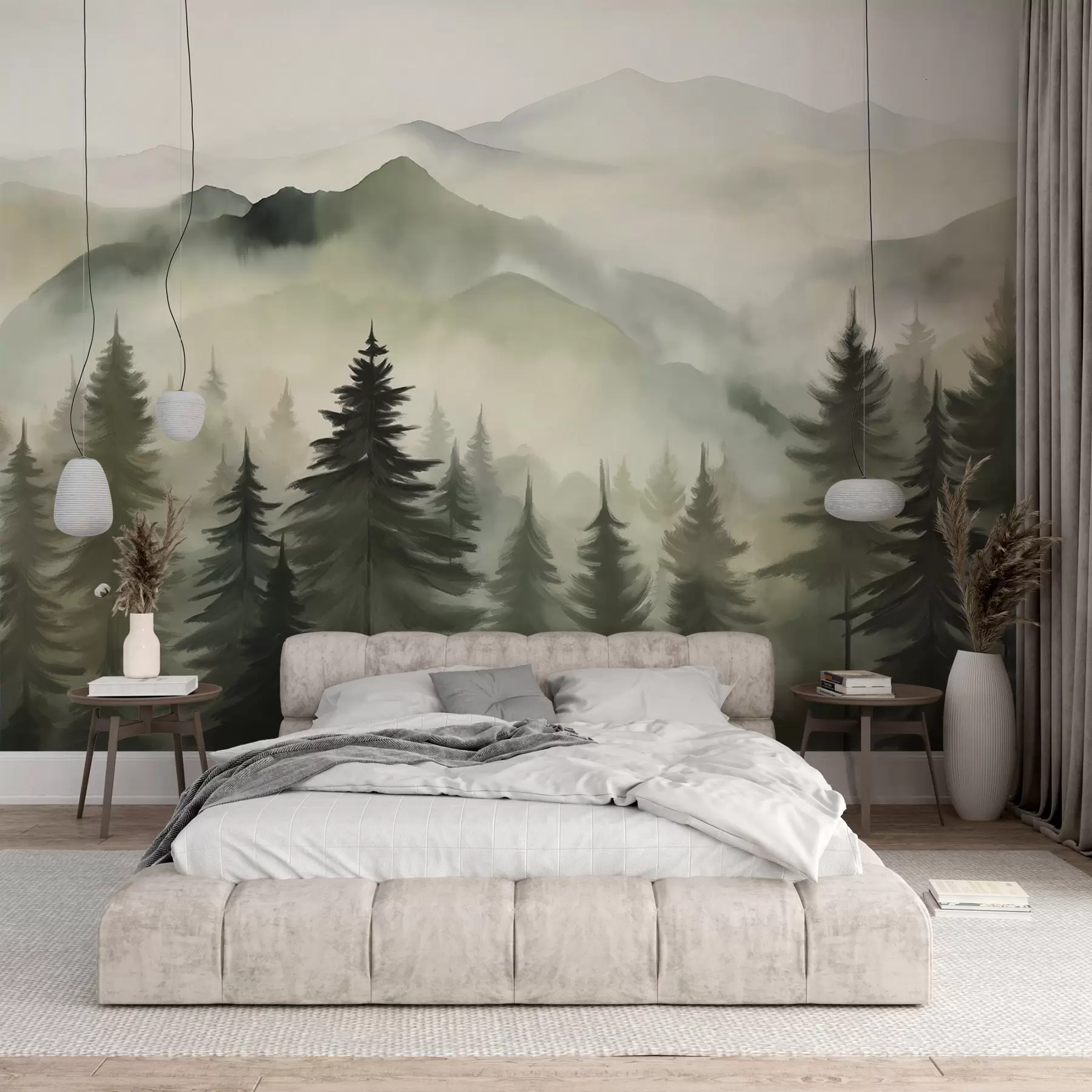 murais de parede Paisagem montanhosa com uma floresta de pinheiros e montanhas em camadas durante o amanhecer com arte de imitação de aquarela de neblina leve  w08639