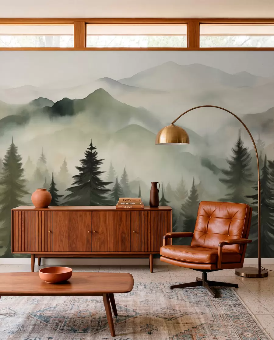 murais de parede Paisagem montanhosa com uma floresta de pinheiros e montanhas em camadas durante o amanhecer com arte de imitação de aquarela de neblina leve  w08639