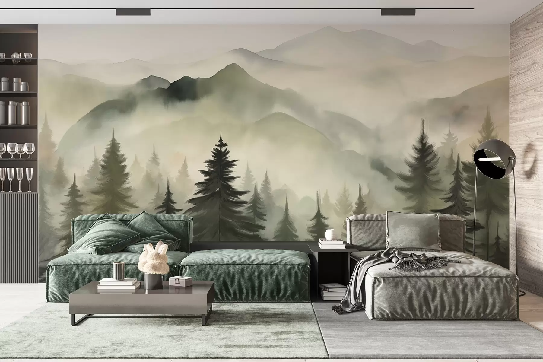 murais de parede Paisagem montanhosa com uma floresta de pinheiros e montanhas em camadas durante o amanhecer com arte de imitação de aquarela de neblina leve  w08639