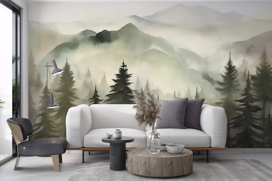 murais de parede Paisagem montanhosa com uma floresta de pinheiros e montanhas em camadas durante o amanhecer com arte de imitação de aquarela de neblina leve  w08639