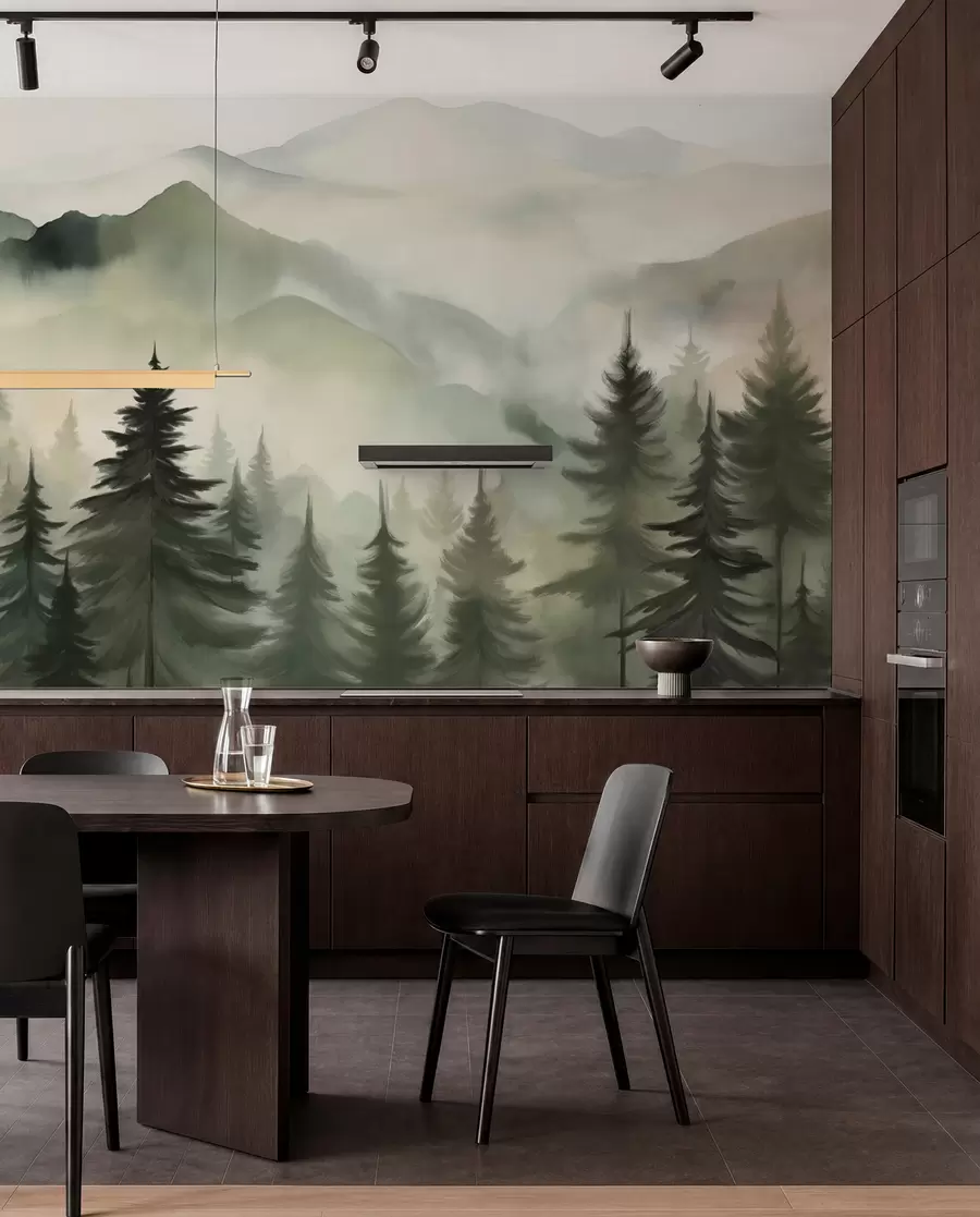 murais de parede Paisagem montanhosa com uma floresta de pinheiros e montanhas em camadas durante o amanhecer com arte de imitação de aquarela de neblina leve  w08639