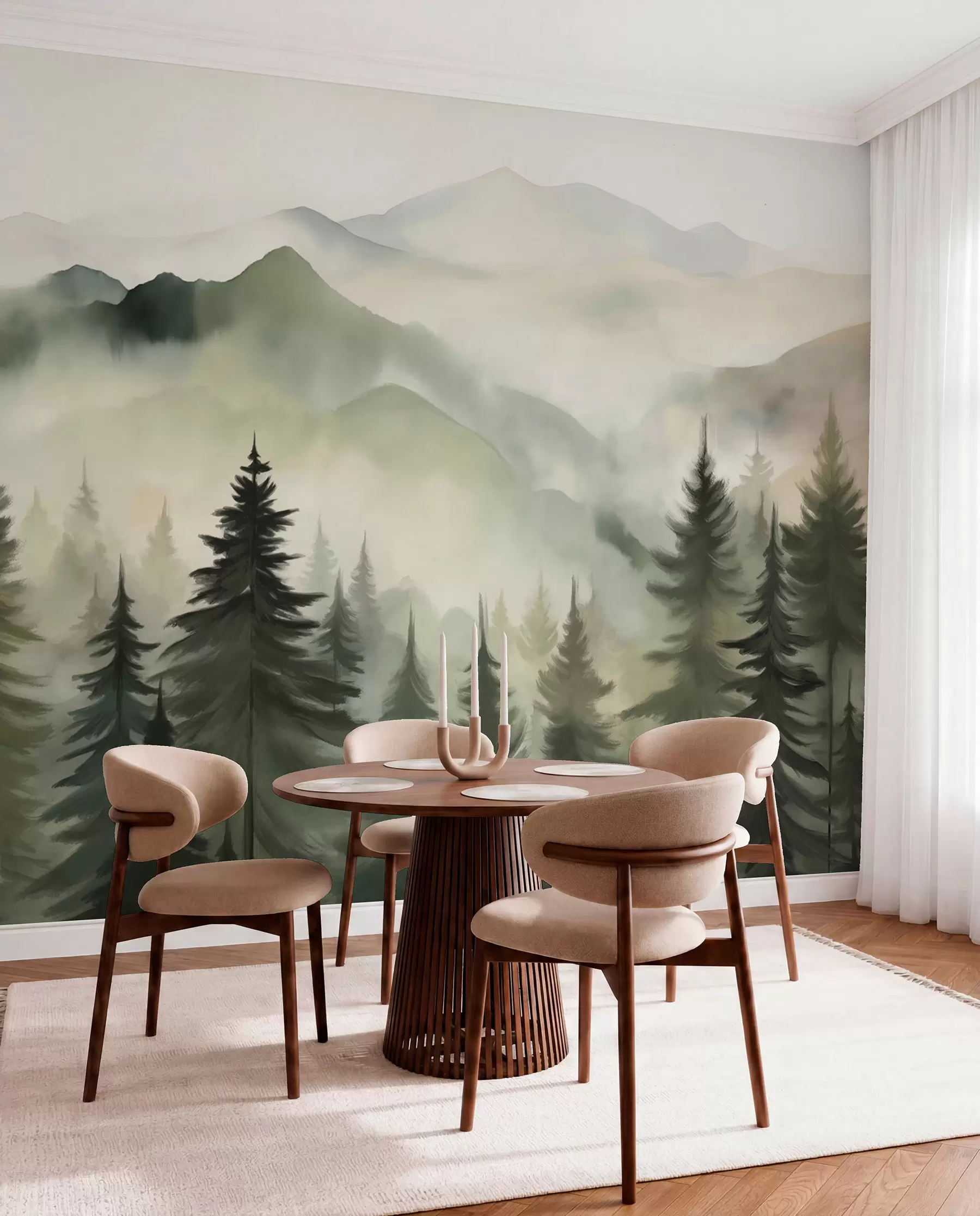 murais de parede Paisagem montanhosa com uma floresta de pinheiros e montanhas em camadas durante o amanhecer com arte de imitação de aquarela de neblina leve  w08639