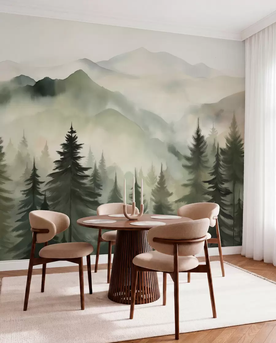 murais de parede Paisagem montanhosa com uma floresta de pinheiros e montanhas em camadas durante o amanhecer com arte de imitação de aquarela de neblina leve  w08639