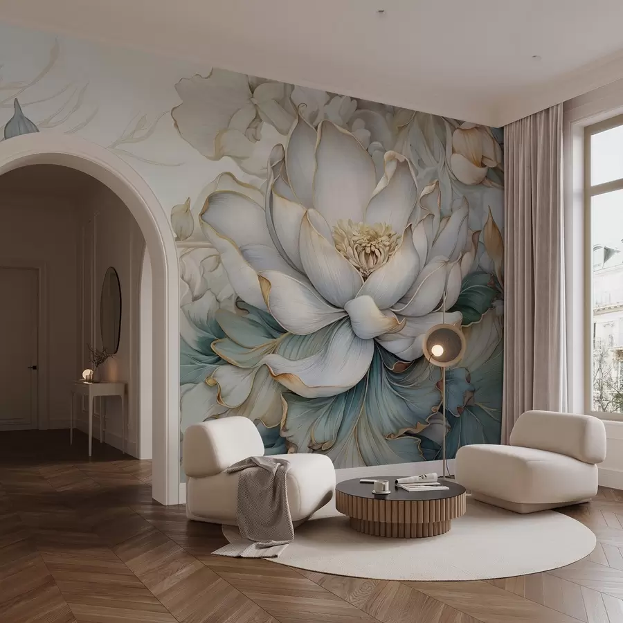 murais de parede Uma grande e delicada flor de lírio branco e folhagem com pétalas decorativas suaves e em camadas em um fundo abstrato com textura azulada w08640