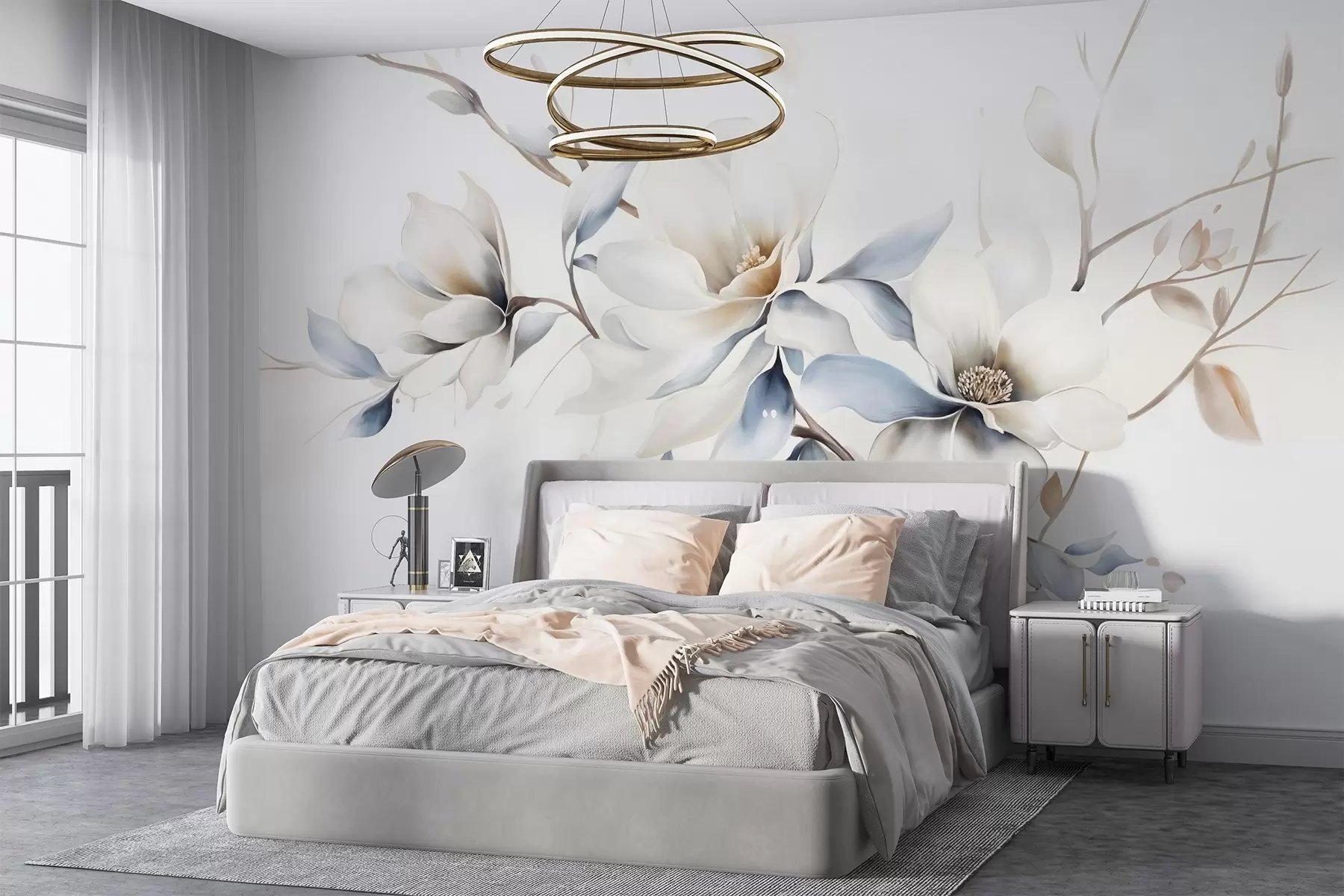 murais de parede Delicadas flores de magnólia brancas com pétalas azuis suaves em um fundo claro, imitação de aquarela e minimalismo  w08644