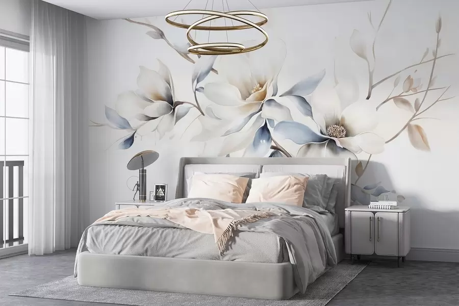 murais de parede Delicadas flores de magnólia brancas com pétalas azuis suaves em um fundo claro, imitação de aquarela e minimalismo  w08644