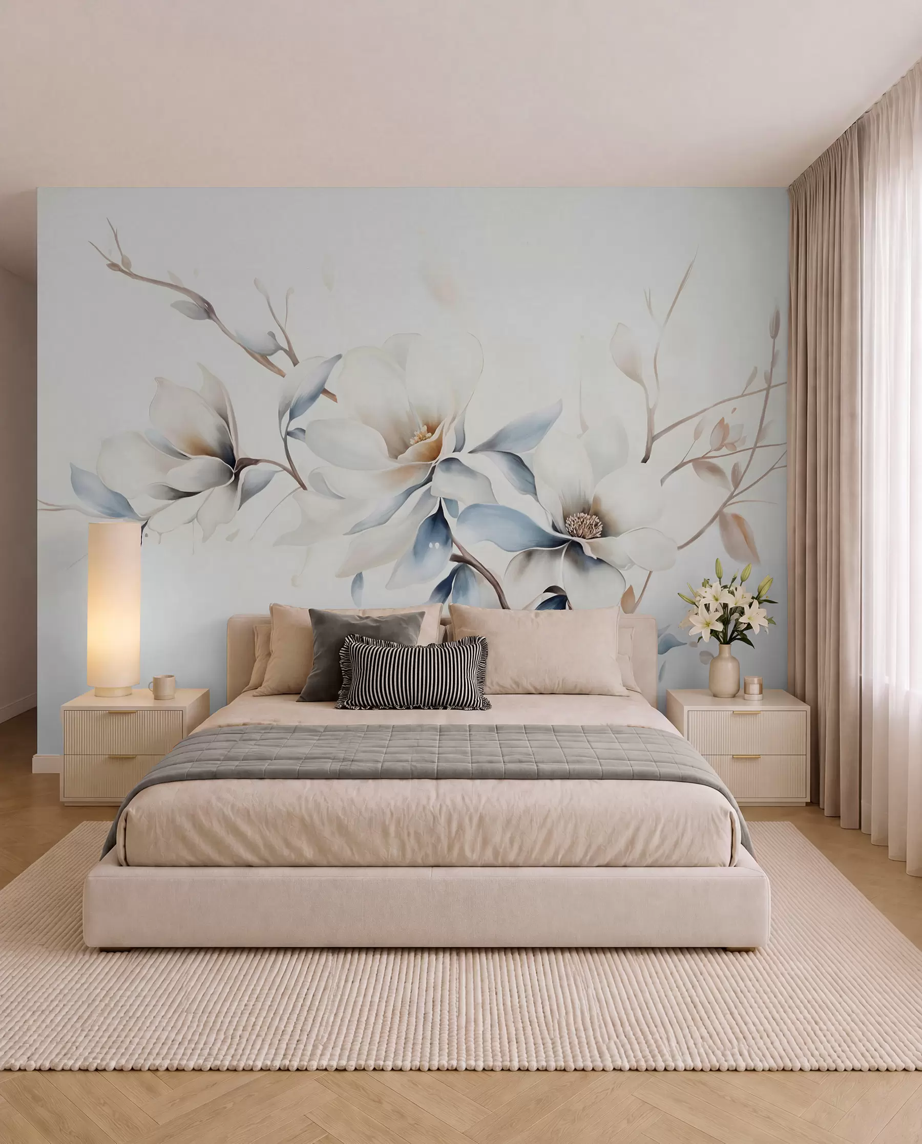 murais de parede Delicadas flores de magnólia brancas com pétalas azuis suaves em um fundo claro, imitação de aquarela e minimalismo  w08644